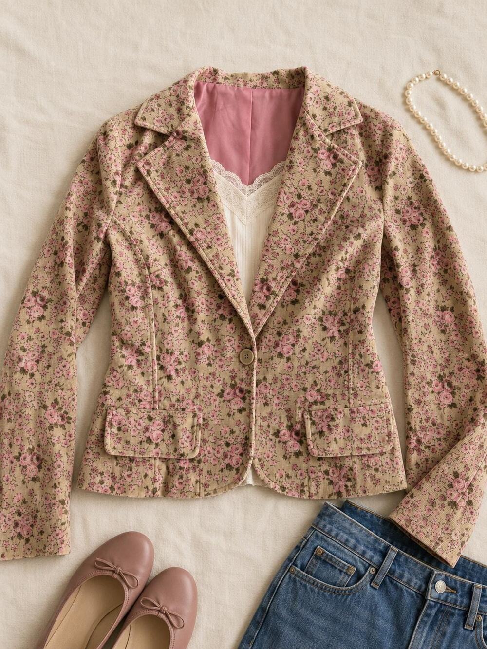 Vintage Y2K No Boundaries Floral Corduroy Blazer M 7/9 Cottagecore